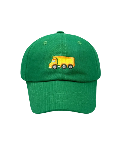 Kids embroidered green dump truck baseball hat by Bits and Bows, featuring colorful truck design and adjustable brim