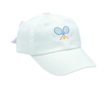 Load image into Gallery viewer, White cap with a tennis racket and ball design on a white background
