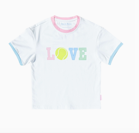 Girls' LOVE Tennis Tee by bits and bows, featuring a playful graphic design on a soft, comfortable cotton t-shirt for girls.