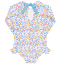 Load image into Gallery viewer, Floral-patterned swimsuit with a blue bow on a white background
