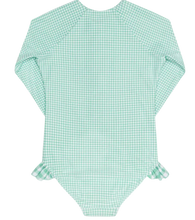 Load image into Gallery viewer, Green checkered swimsuit on a white background

