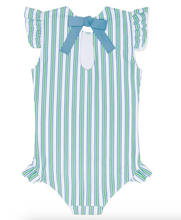 Load image into Gallery viewer, Girls Tamarin Stripe Ruffle Cap Sleeve Rashguard One Piece
