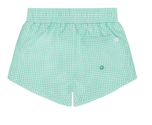 Load image into Gallery viewer, Green checkered shorts on a white background
