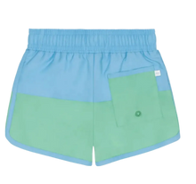 Load image into Gallery viewer, Two-tone blue and green shorts on a white background
