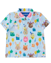 Load image into Gallery viewer, Children's polo shirt with cartoon animal prints on a light blue background
