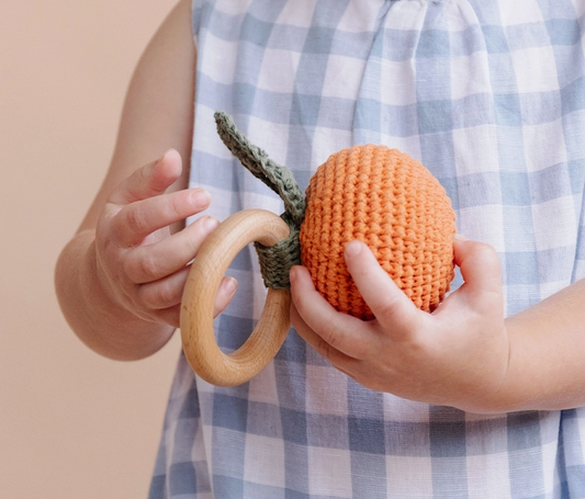 Organic Orange Fruit Teether Rattle with Wooden Ring