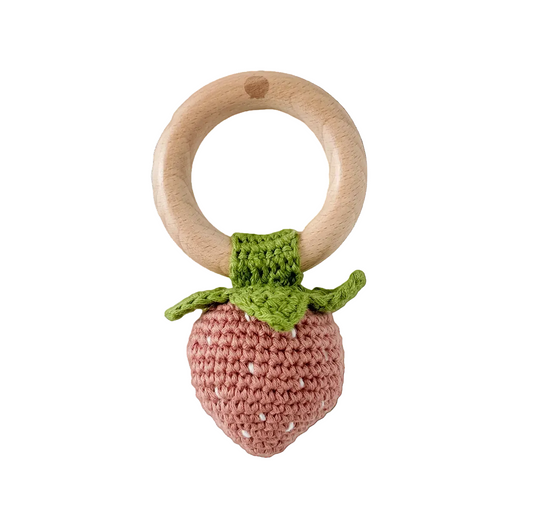 Organic crochet strawberry teether rattle on a wooden ring by Angel Dear, featuring a soft, textured strawberry design for infants.