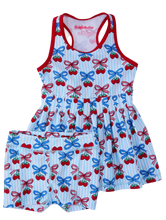 Load image into Gallery viewer, Girls Berries &amp; Bows Pleated Skirt Active Dress &amp; Bike Short Set
