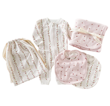 Load image into Gallery viewer, Baby clothing set with white and pink patterns on a light background
