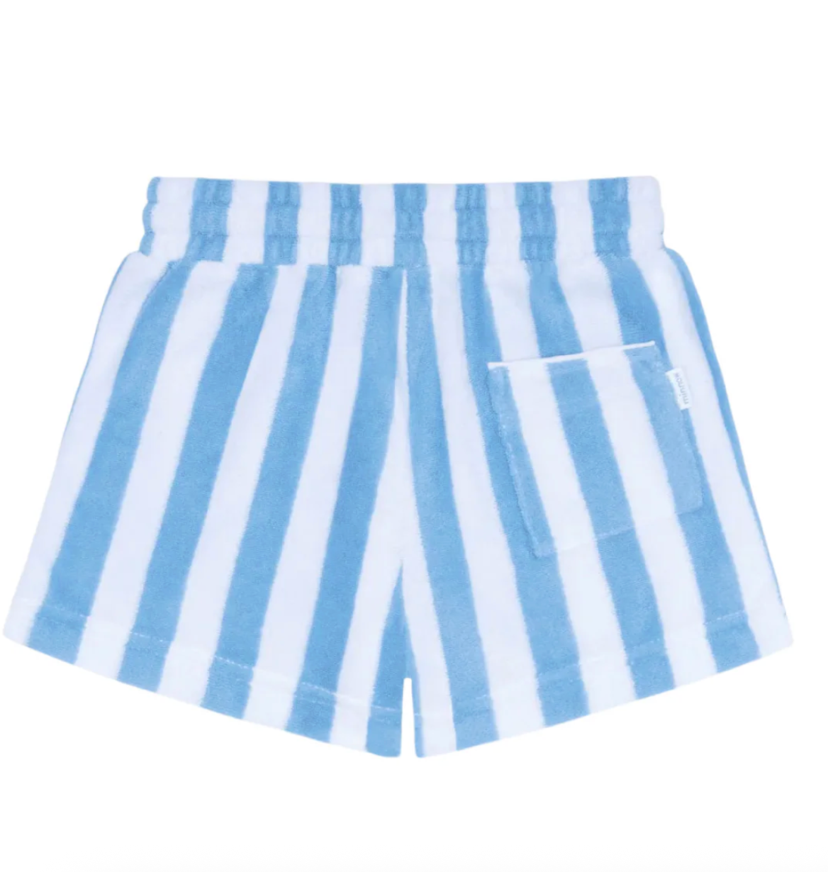 Minnow boys bay stripe French terry shorts featuring blue and white horizontal stripes and an adjustable waistband.