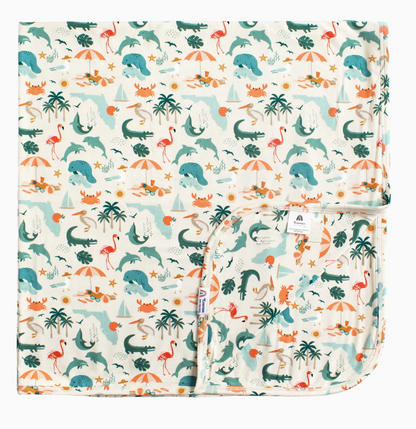 Emerson and Friends Explore Florida luxury bamboo swaddle blanket with tropical Florida print, soft and breathable for babies.