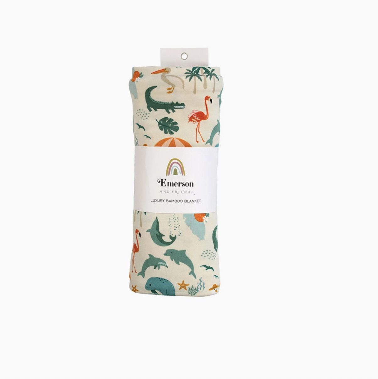 Emerson and Friends Explore Florida luxury bamboo swaddle blanket with tropical leaf pattern, soft and breathable for babies