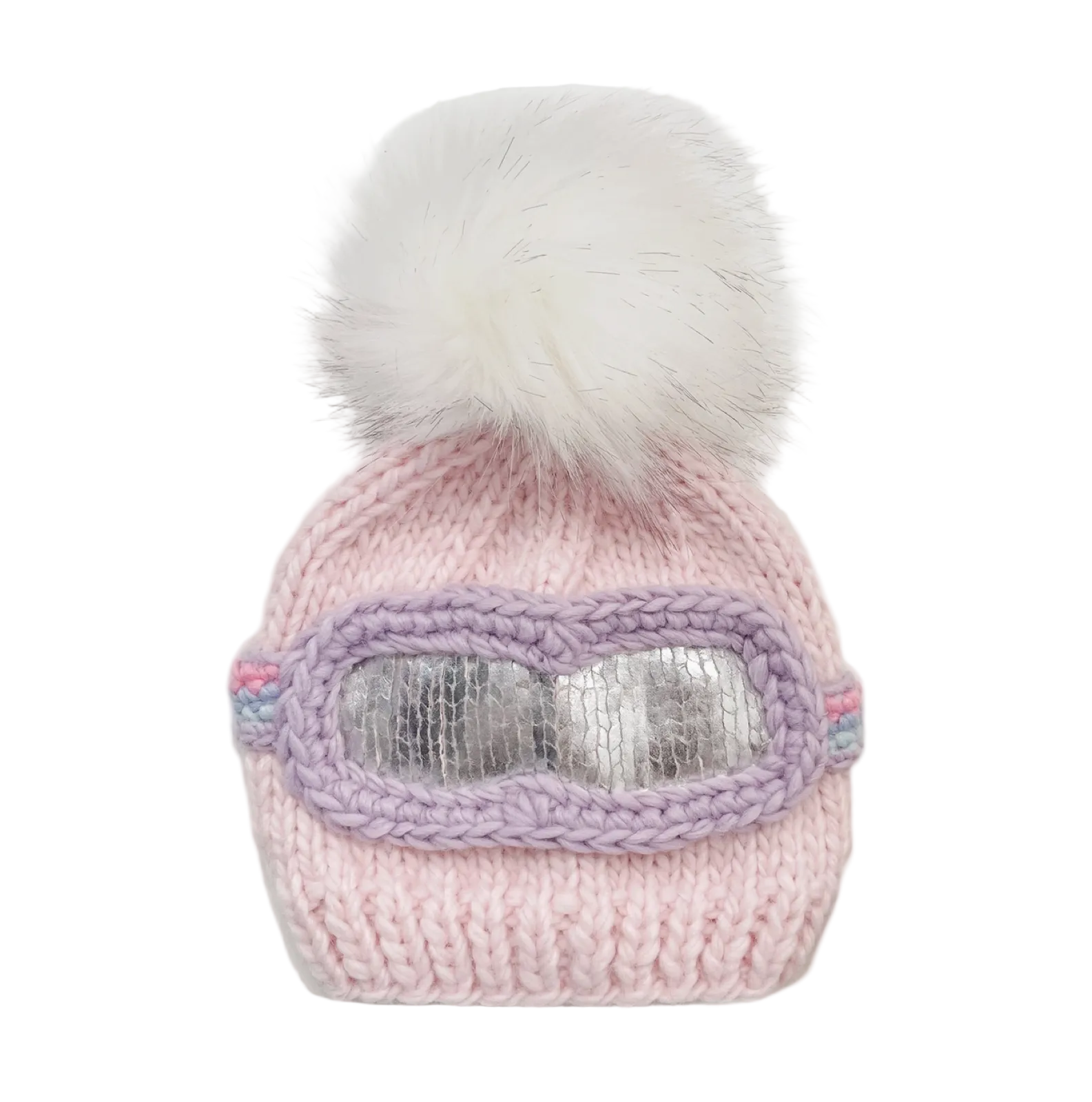 A pink knit beanie with a large white faux-fur pom-pom on top and a decorative light purple goggles motif across the front with shiny silver reflective lenses, shown on a plain light gray background.