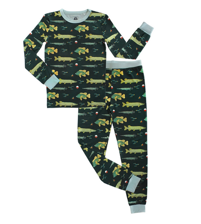 A two-piece children's pajama set featuring a long-sleeve top and matching pants with an all-over fish pattern on a dark green background, with light blue cuffs and collar trim.