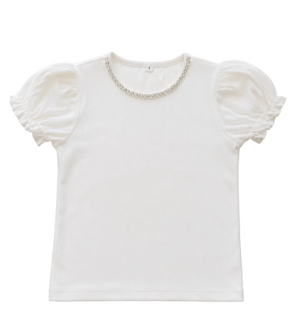 Girls Ribbed White Gem Top