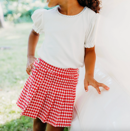 Red and White Houndstooth Gem Button Pleat Skirt (Preorder)
