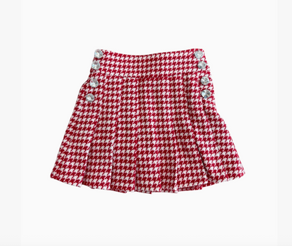 Red and White Houndstooth Gem Button Pleat Skirt (Preorder)