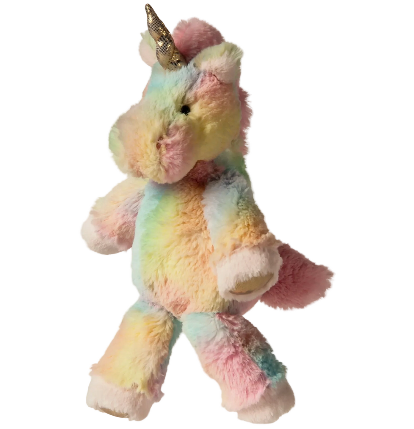 A plush unicorn toy with a pastel rainbow fur pattern, featuring a gold horn and black eyes, set against a plain white background.