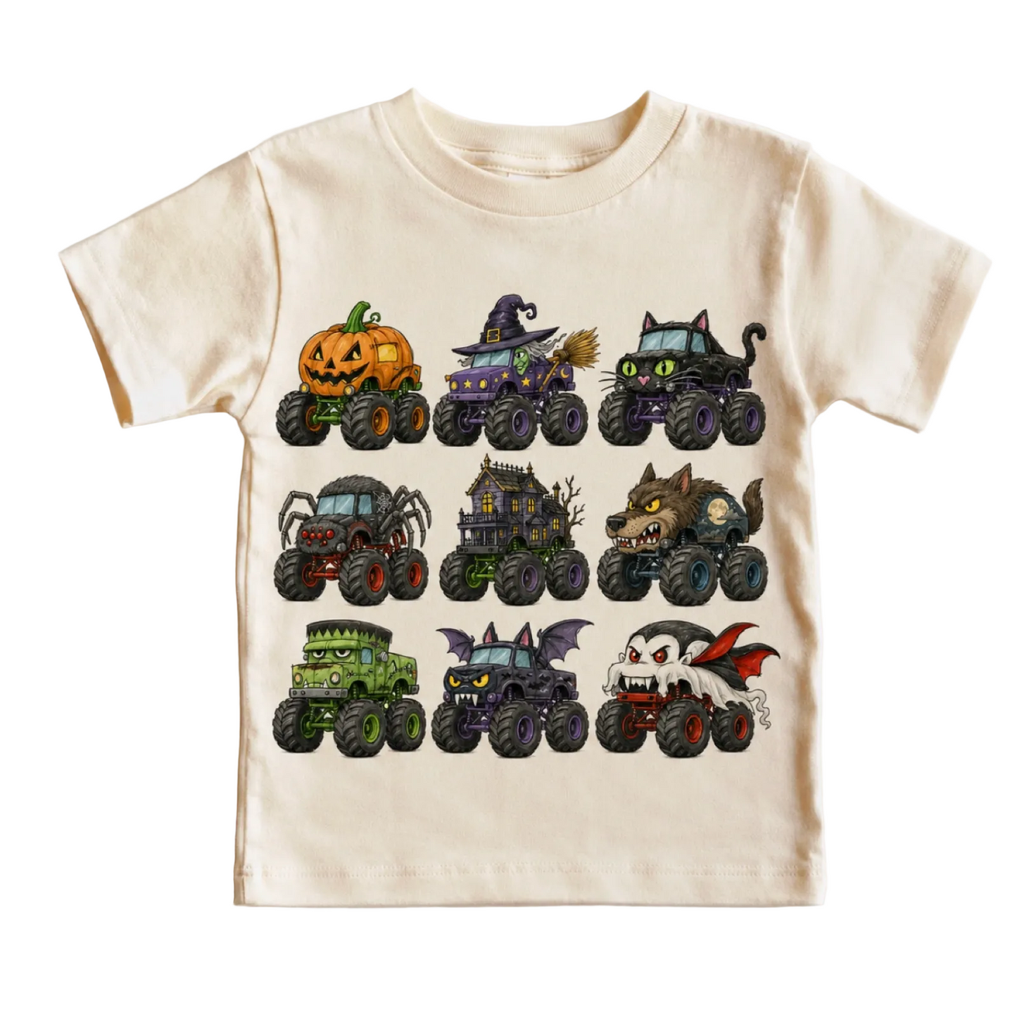 A toddler's cream-colored short-sleeve t-shirt with a graphic print of nine colorful monster trucks on a clean white background.