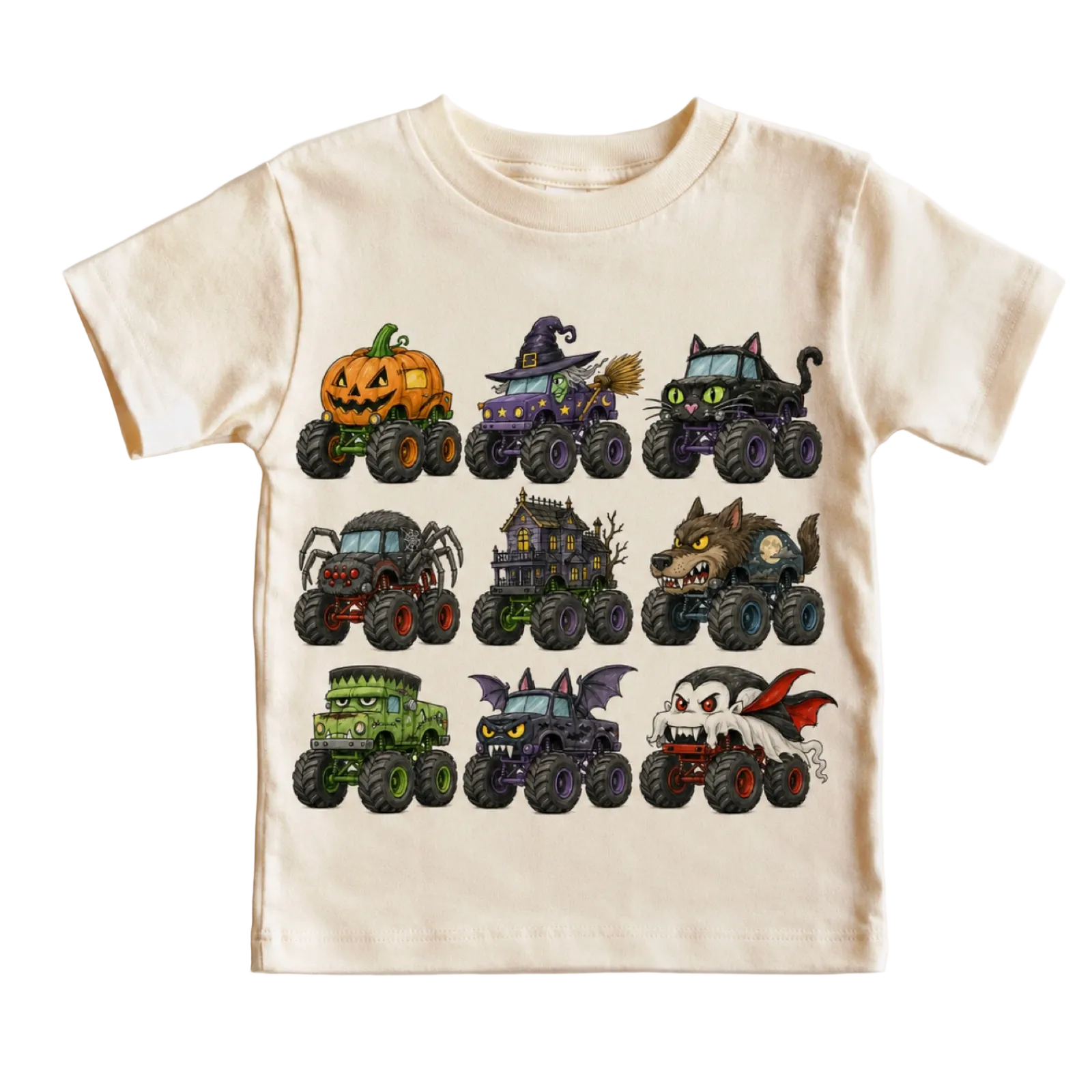 A toddler's cream-colored short-sleeve t-shirt with a graphic print of nine colorful monster trucks on a clean white background.