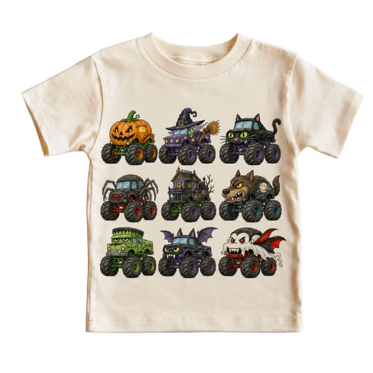 Kids Halloween Monster Truck T-shirt by Mad Mooshi featuring a colorful monster truck design for children.