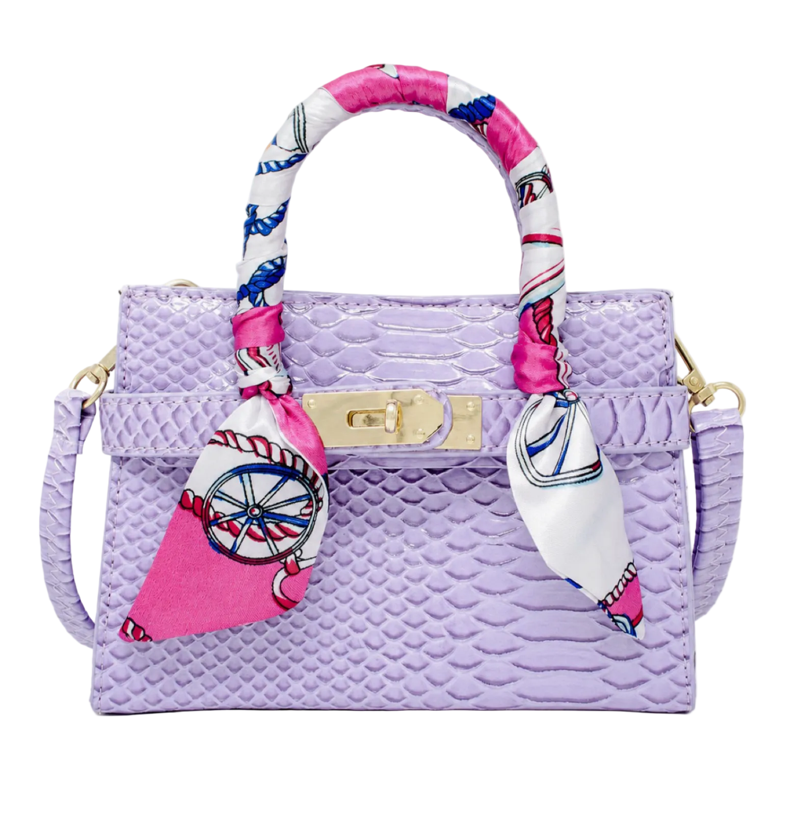 A light purple textured handbag with a gold clasp and a pink, white, and blue patterned silk scarf wrapped around the handle, shown on a plain white background.