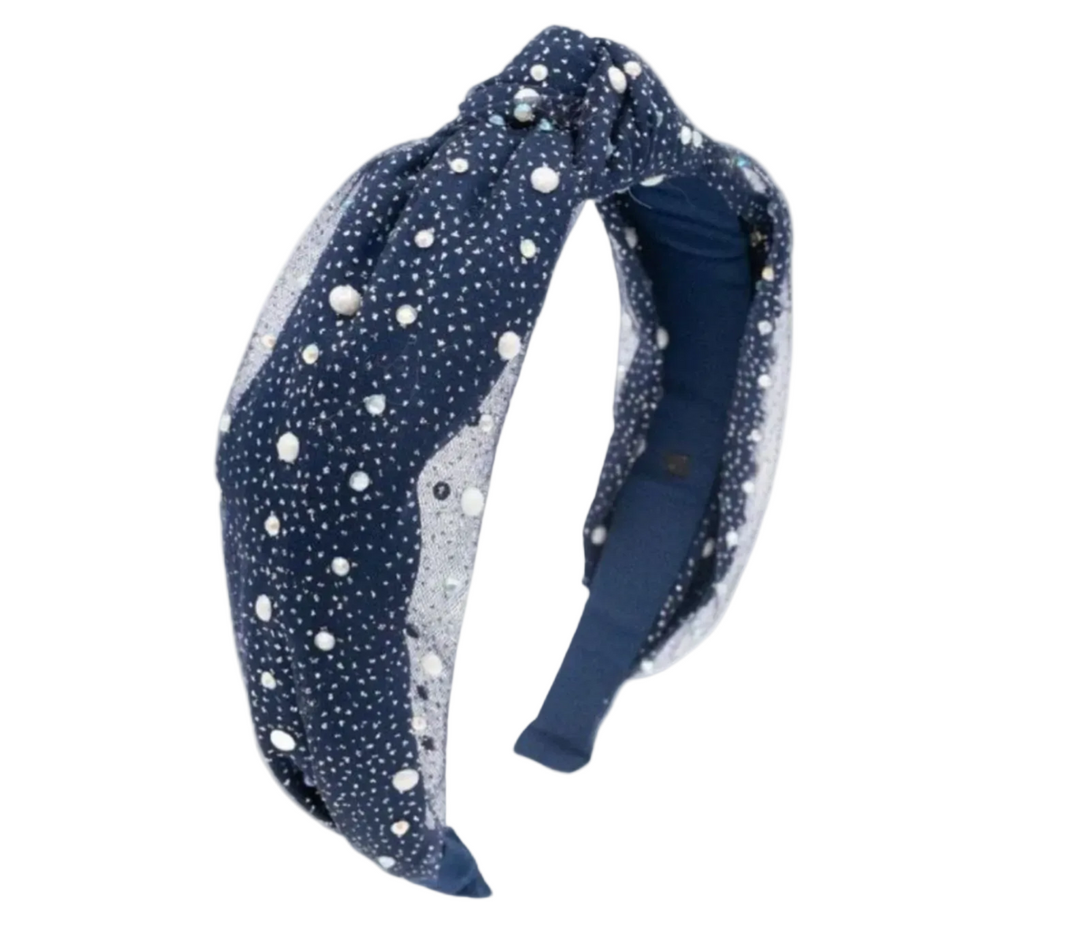 A navy blue fabric headband with a knotted top, decorated with white polka dots and small pearl-like embellishments, shown on a plain white background.