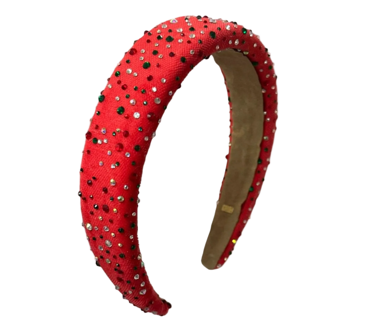 A red fabric headband embellished with small black, green, and silver sequins, shown against a plain white background.