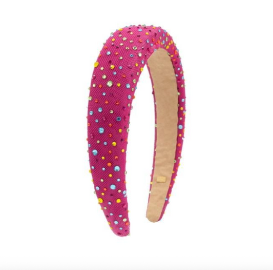 Bright pink padded jewel tulle headband by Bari Lynn featuring a stylish, decorative design for accessories or fashion wear.