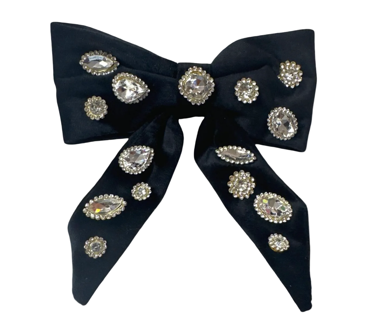A black satin bow embellished with multiple clear rhinestone and crystal brooches, shown against a plain white background.