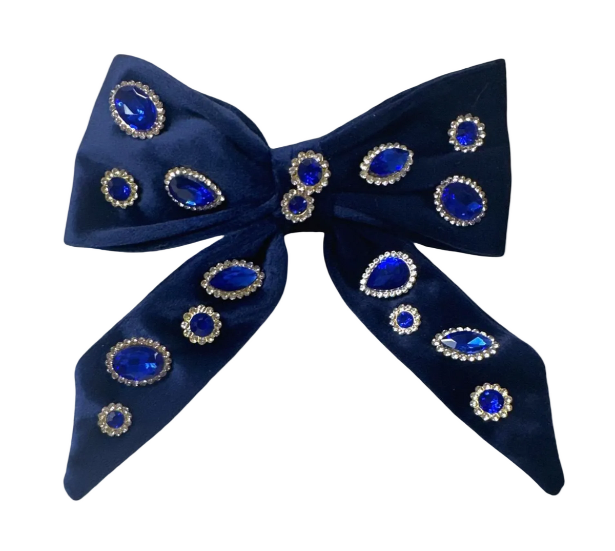 A navy blue satin bow embellished with multiple blue teardrop and oval rhinestone gems, set against a plain white background.