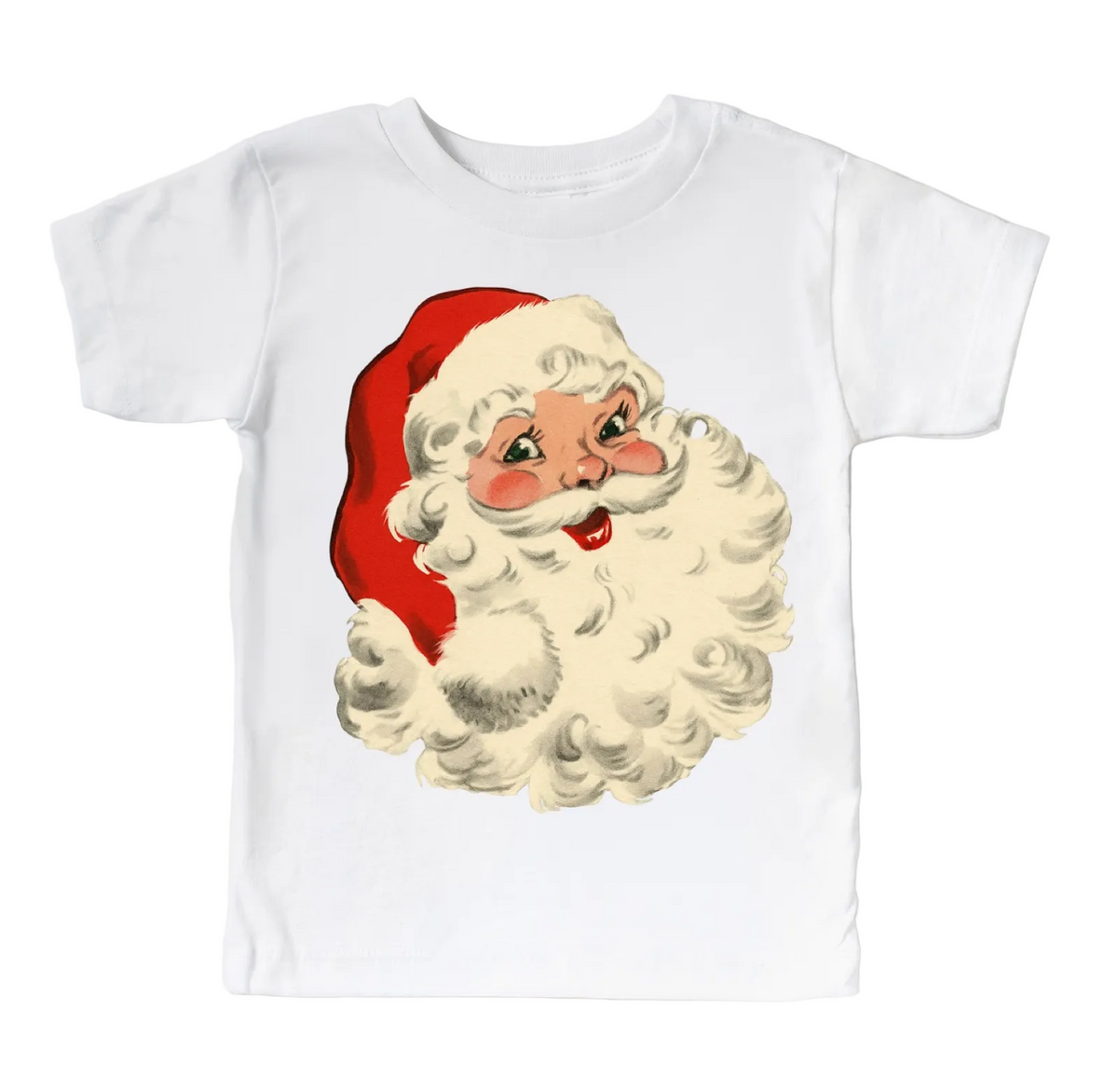 White children’s T-shirt featuring a vintage-style illustration of Santa Claus with a red hat, rosy cheeks, and a large fluffy white beard on a white background



