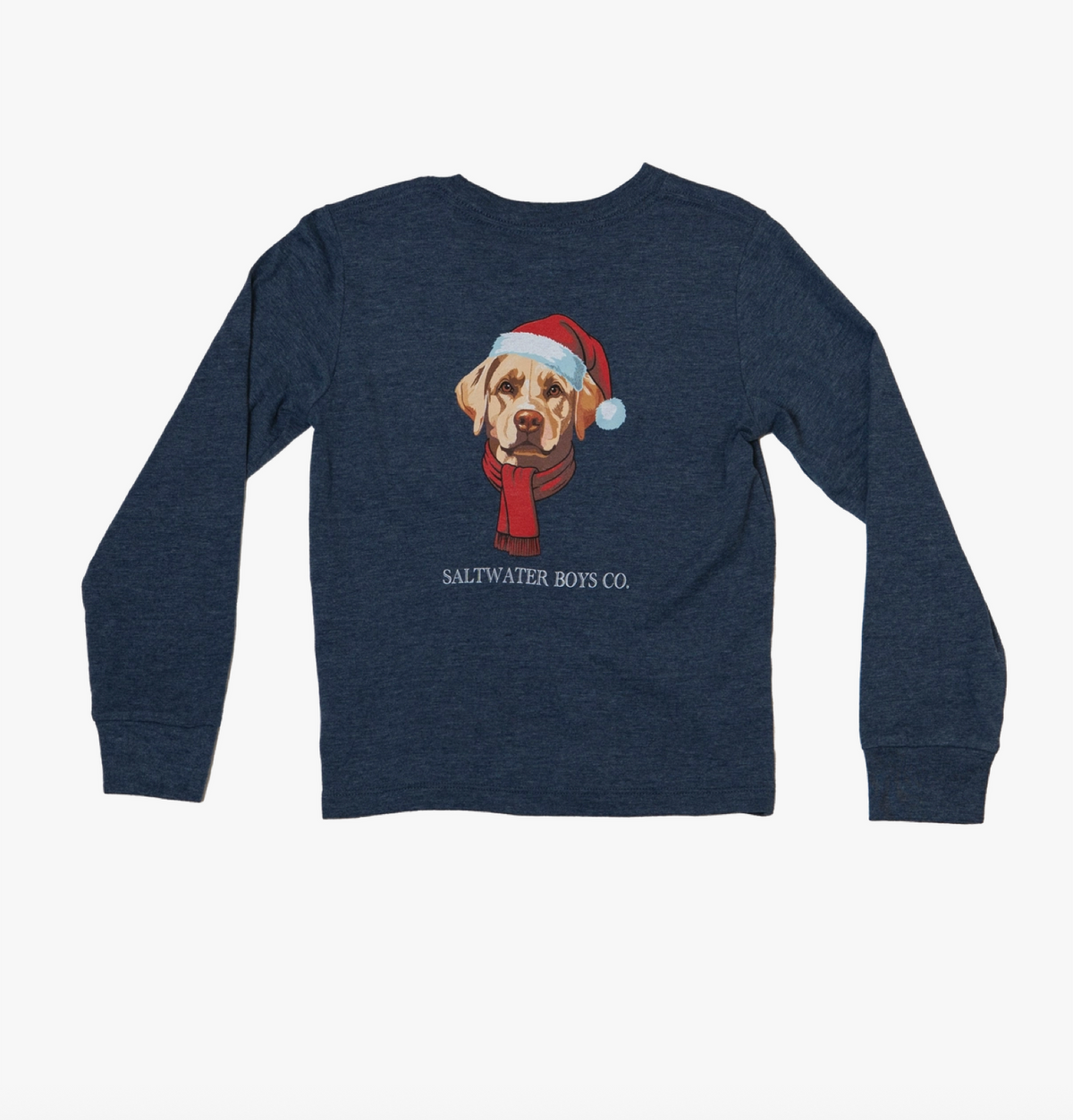 A navy blue long-sleeve t-shirt with a graphic of a golden retriever wearing a red Santa hat and scarf, with the text 'SALTWATER BOYS CO.' printed below, displayed on a clean white background.
