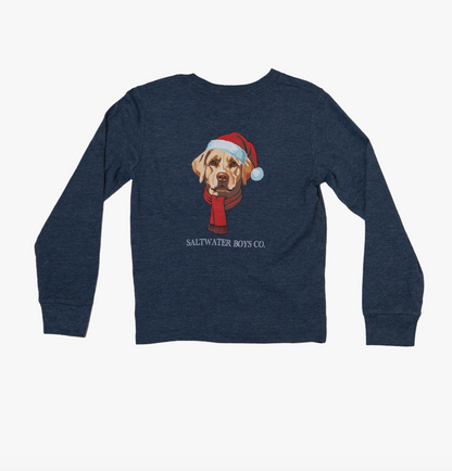 A navy blue long-sleeve t-shirt with a graphic of a golden retriever wearing a red Santa hat and scarf, with the text 'SALTWATER BOYS CO.' printed below, displayed on a clean white background.