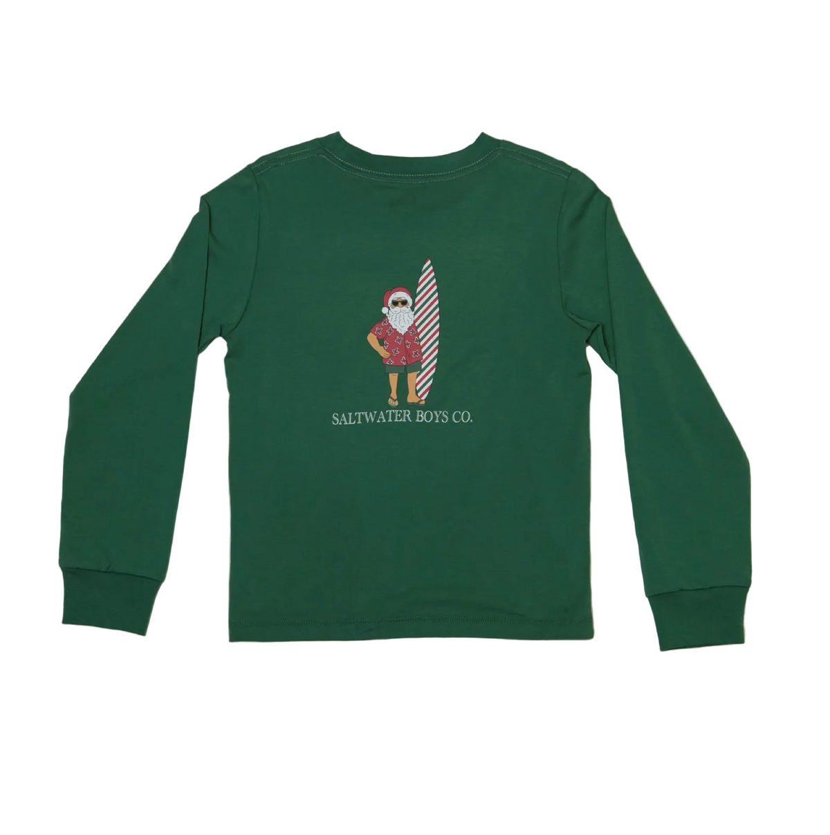 A dark green long-sleeve crewneck sweatshirt featuring a graphic of a Santa-clad figure holding a striped surfboard, with the text 'SALTWATER BOYS CO.' printed below, shown against a plain white background.
