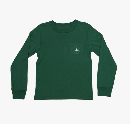 Saltwater Boys Company Surf Santa long-sleeved tee featuring a festive Santa graphic on a comfortable shirt.