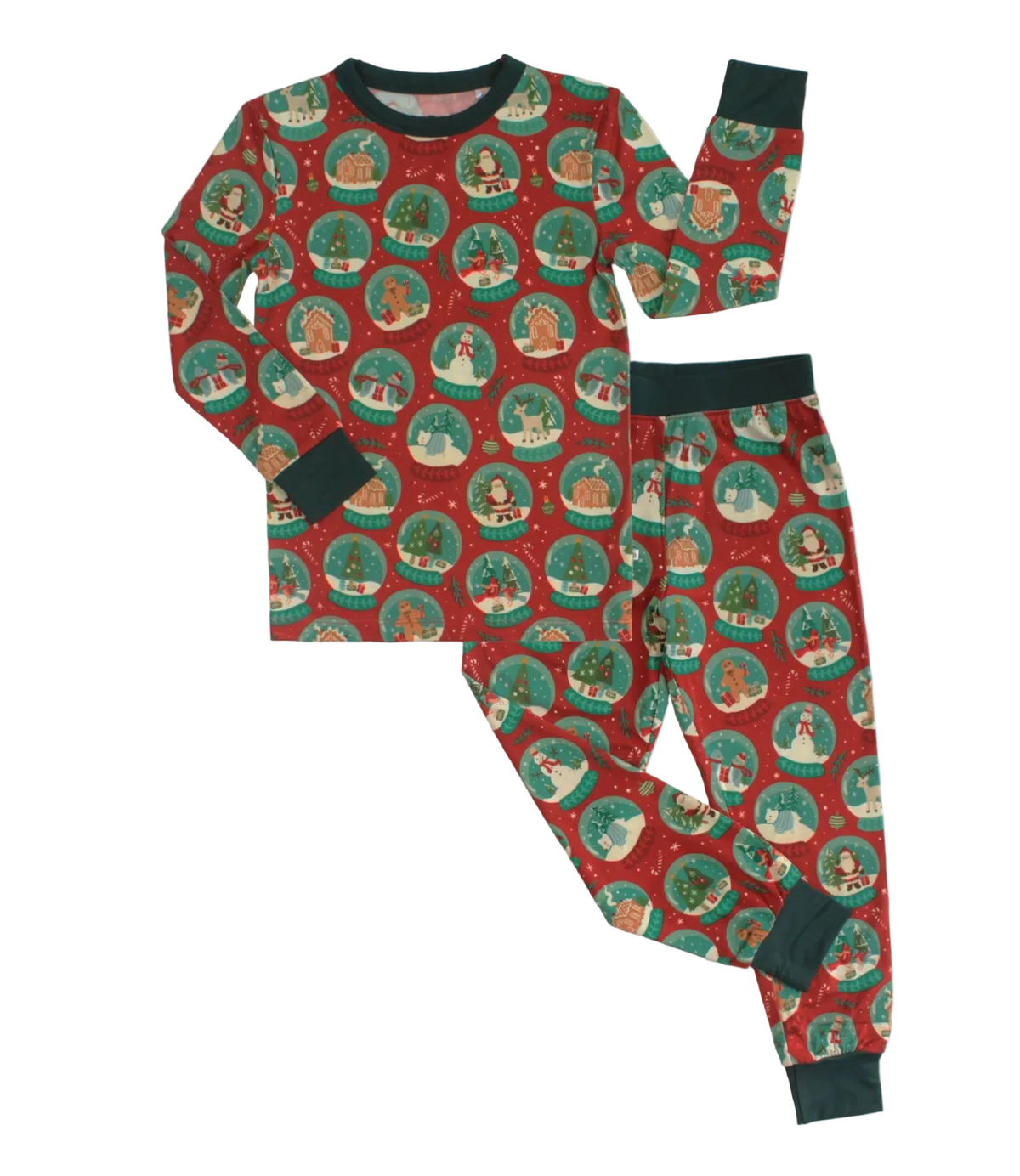 A two-piece Christmas pajama set featuring a long-sleeve top and matching pants. The pajamas have a festive red background printed with circular snow globes containing holiday scenes, with dark green ribbed cuffs, collar, and waistband.