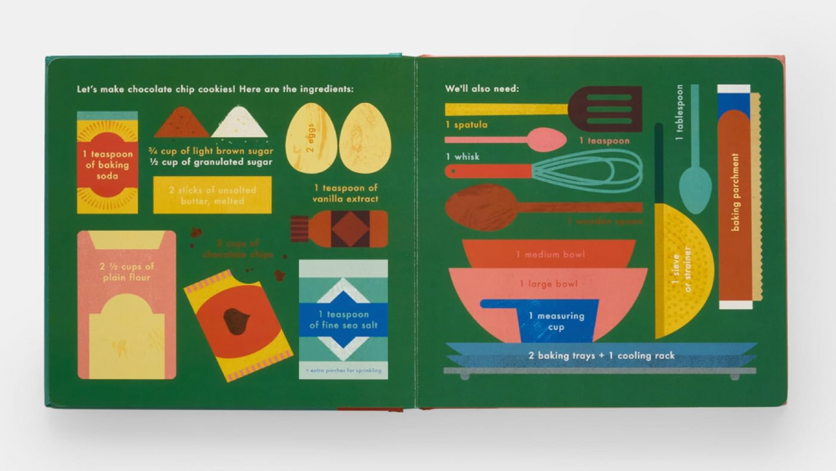 Interactive recipe book titled "Cookies!: An Interactive Recipe Book" by Ingram, featuring colorful pages and cookie illustrations.