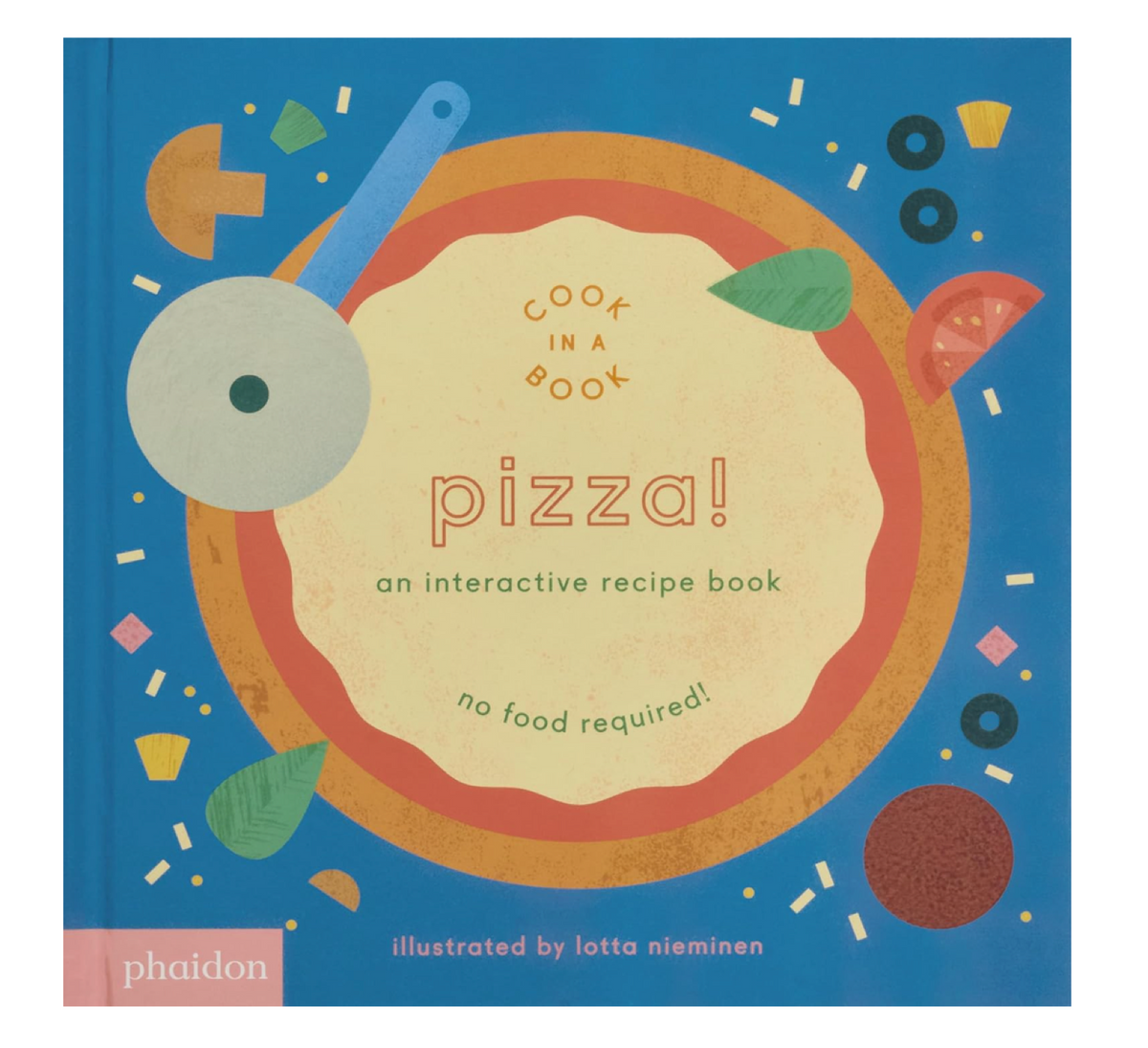 Interactive recipe book titled "Pizza!," featuring colorful pages and illustrations from the Ingram Cook In A Book series.