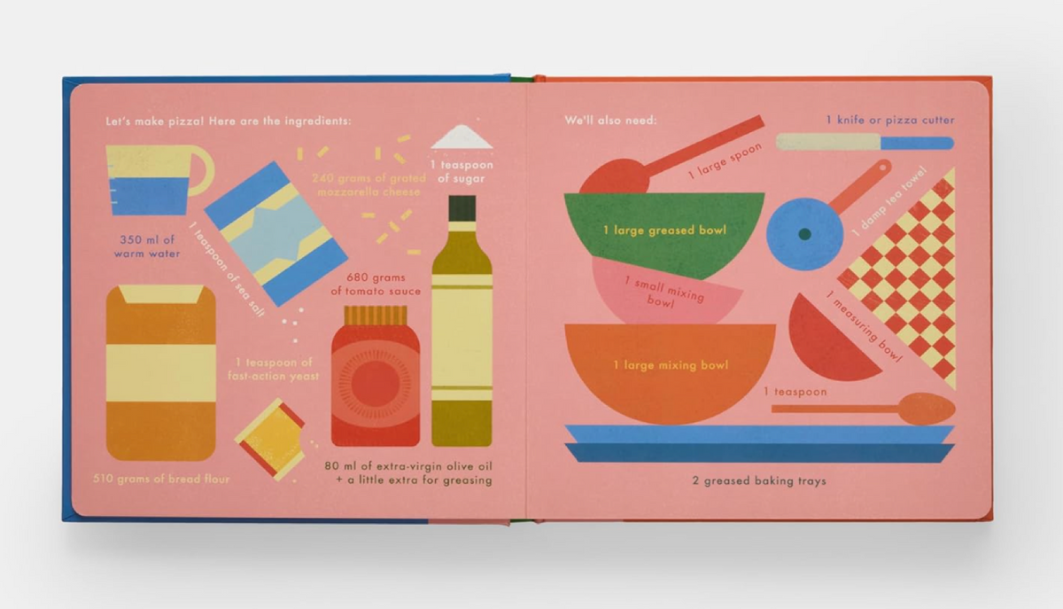 Interactive recipe book page showing colorful pizza illustrations and step-by-step cooking instructions from the Ingram "Pizza!" cook-in-a-book.