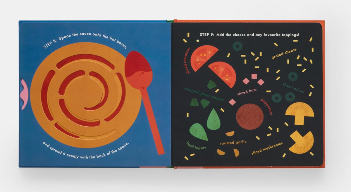 Interactive recipe book titled "Pizza! Cook In A Book" by Ingram, showing colorful pages and pizza-making illustrations.