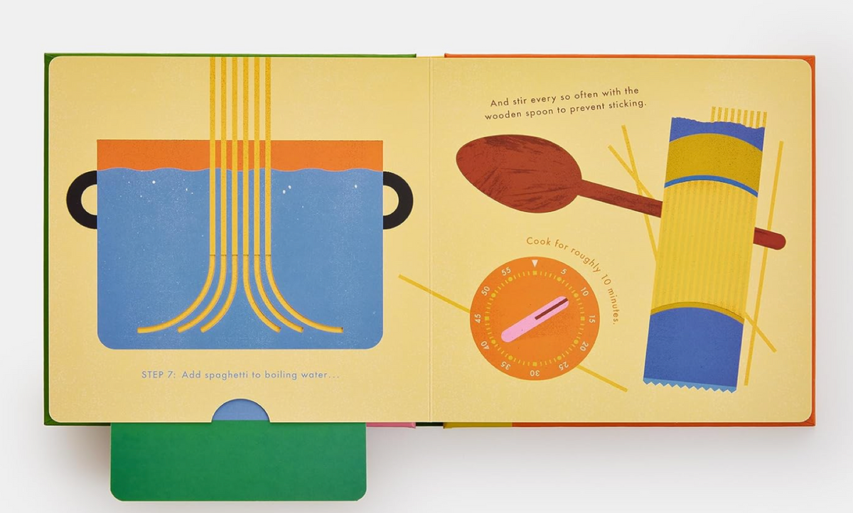 Screenshot of Spaghetti! An Interactive Recipe Book by Ingram, showing colorful pages with pasta recipes and cooking instructions.