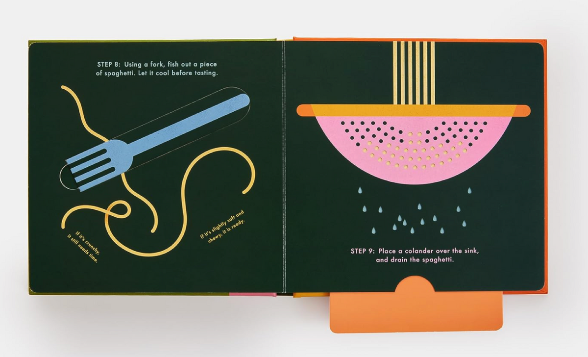 Screenshot of "Spaghetti!: An Interactive Recipe Book" by Ingram, showing colorful pages and interactive cooking instructions.