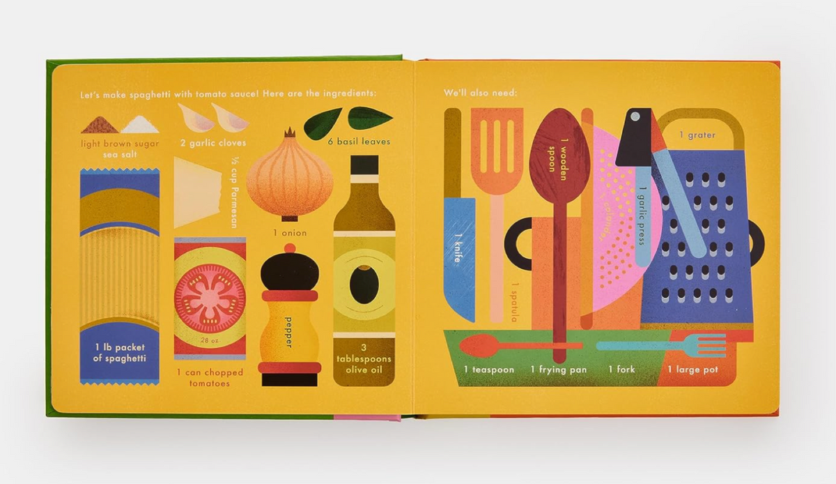 Screenshot of "Spaghetti!: An Interactive Recipe Book" by Ingram, showing colorful pages and illustrations of spaghetti recipes.