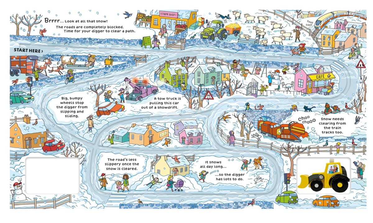 Interactive Wind Up Digger book by Ingram, showing colorful pages and a child engaging with a toy digger illustration.