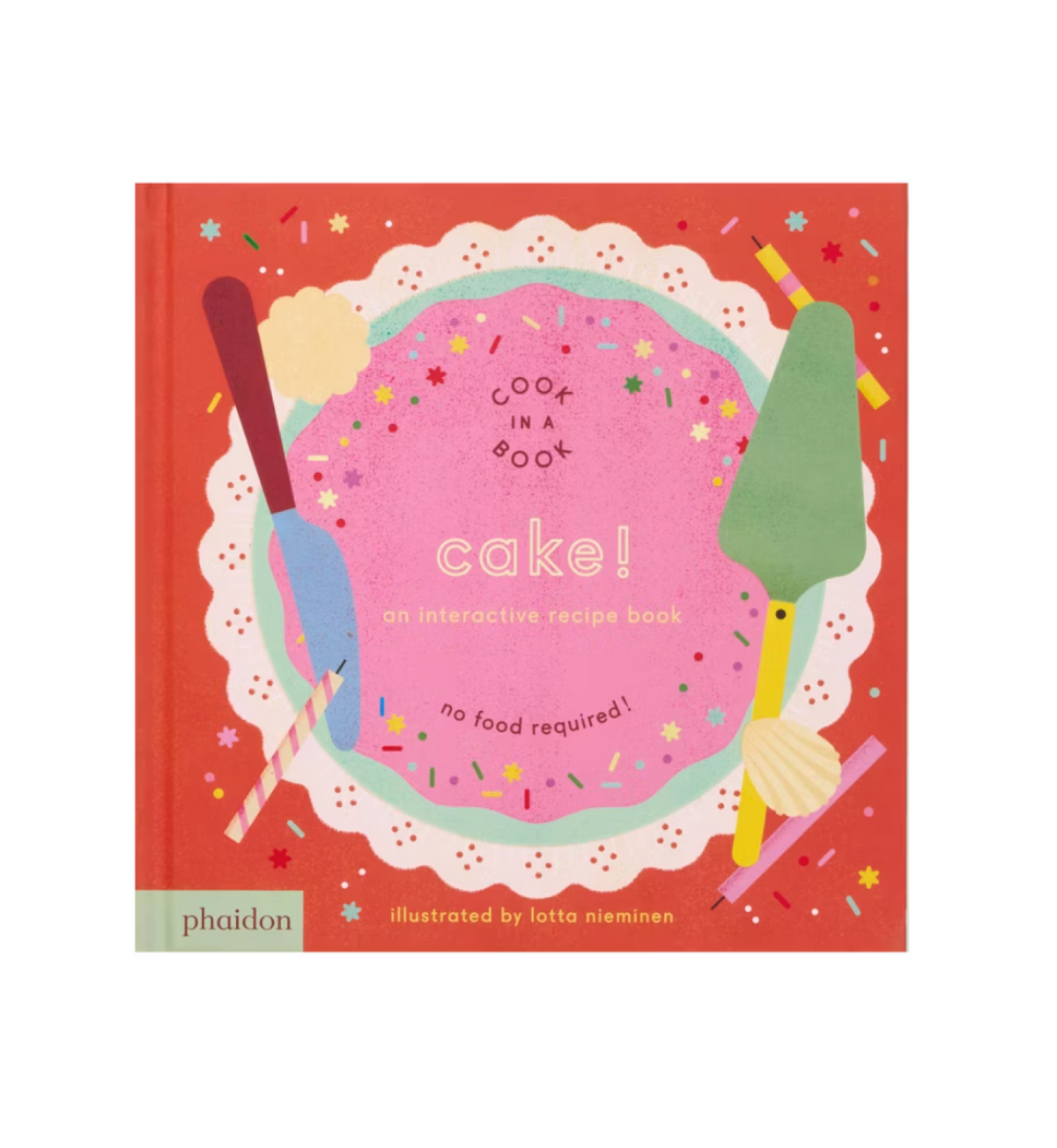 Interactive recipe book titled "Cake!," featuring colorful pages and step-by-step baking instructions from Ingram's Cook in a Book series.
