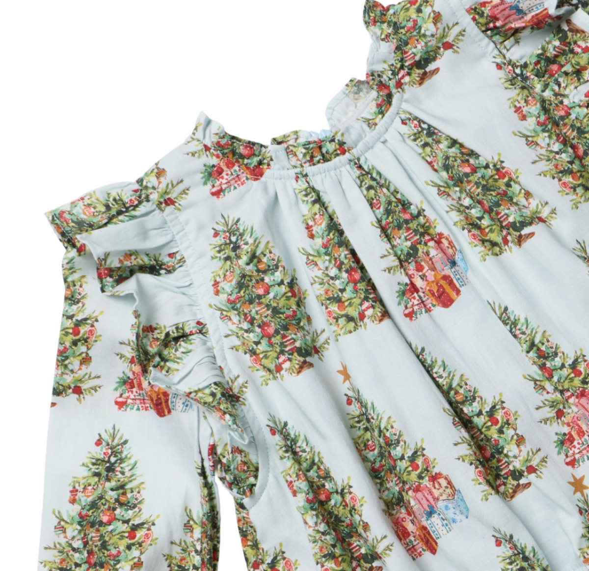 Girls Pink Chicken Harper Dress with Trees and Presents print, featuring a playful and colorful design for kids.