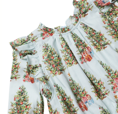Girls Pink Chicken Harper Dress with Trees and Presents print, featuring a playful and colorful design for kids.