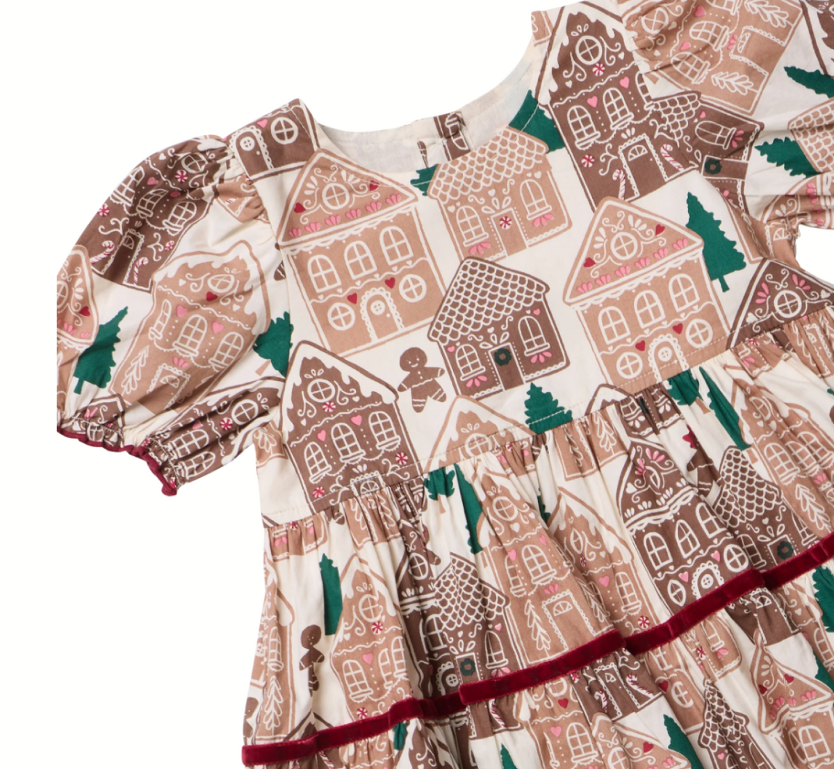 Pink Chicken Girls Eliza Dress in Gingerbread House pattern, featuring a charming, colorful design for young girls.