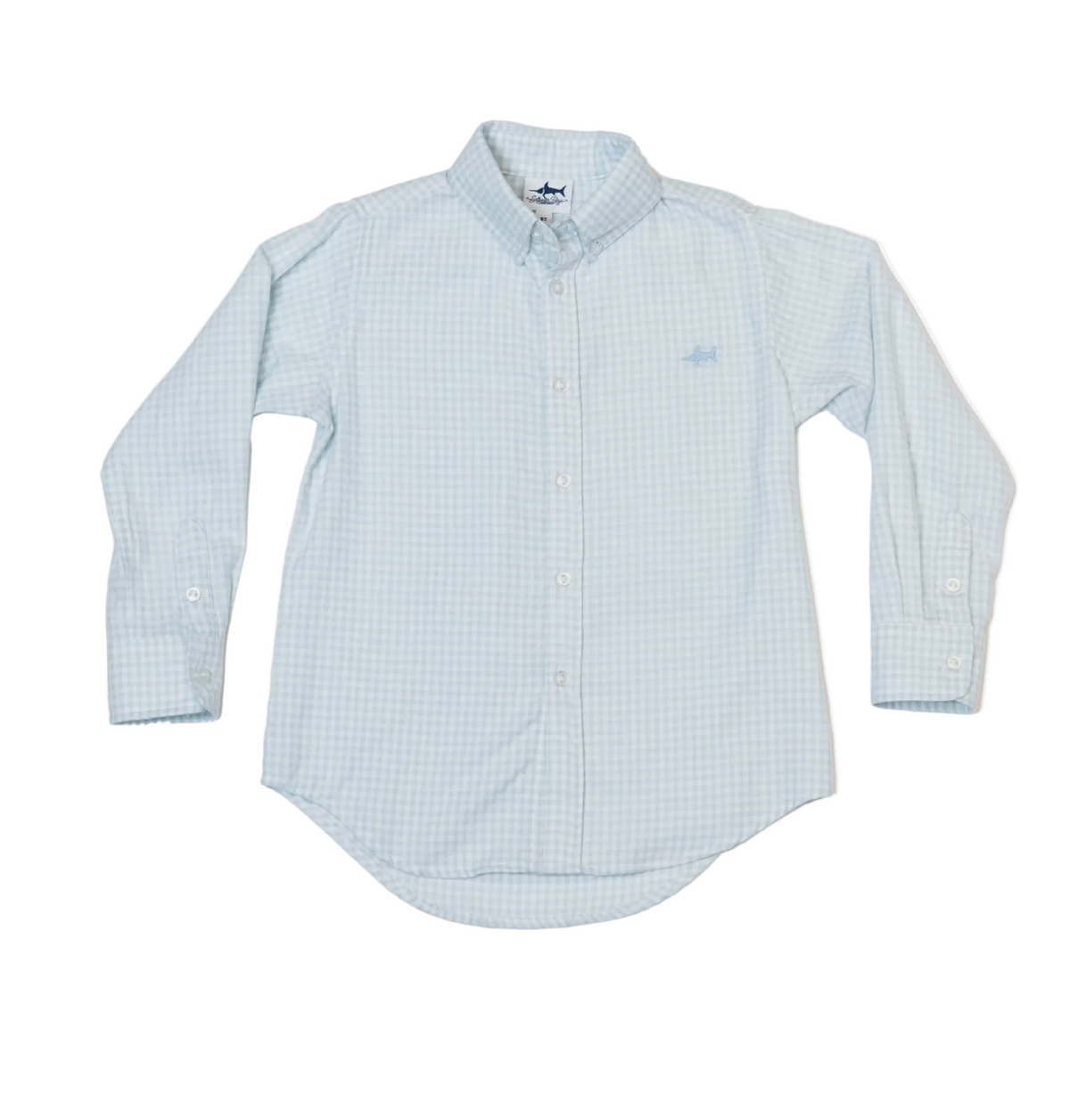 Light blue check Carter Oxford shirt by Saltwater Boys Company, featuring classic button-down style and plaid pattern.